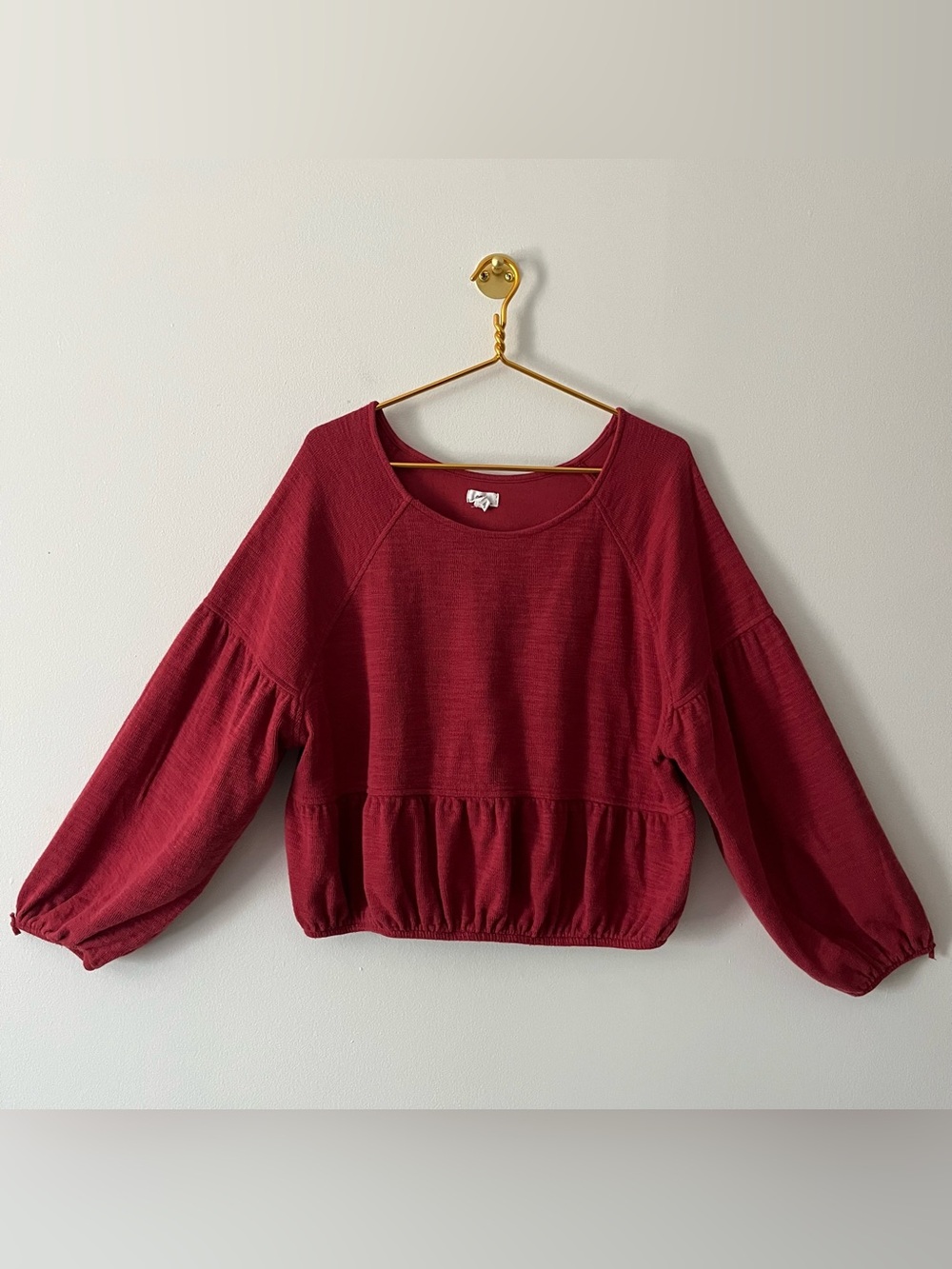 Aerie Rust Red Burgundy Soft Cropped Balloon Sleeve Lagenlook Fleece Top L